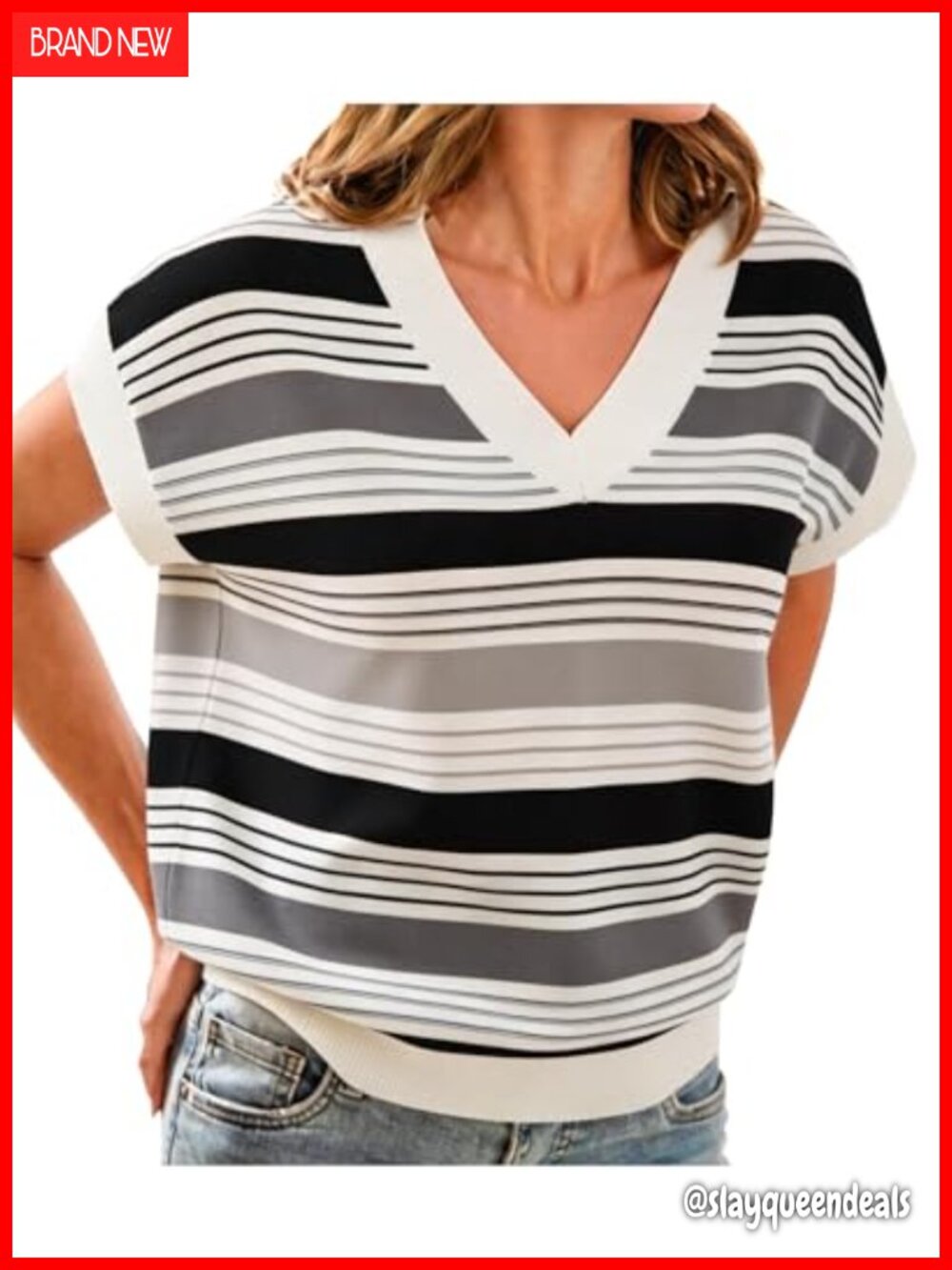 Women's Striped Knit Sweater Vest Cap Sleeve V-Neck Loose Casual Top